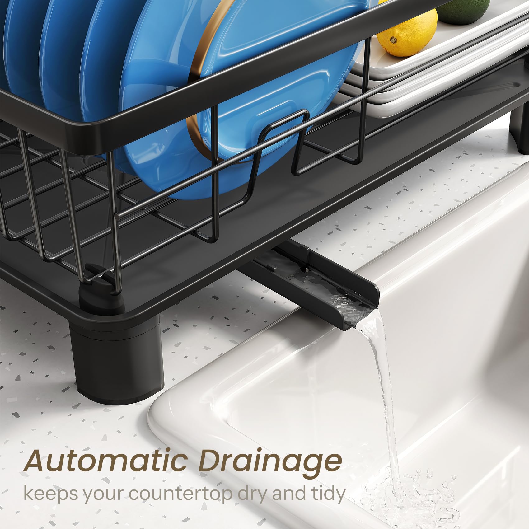 SNTD dish drying rack with non-slip caps stabilize the unit during busy dishwashing
