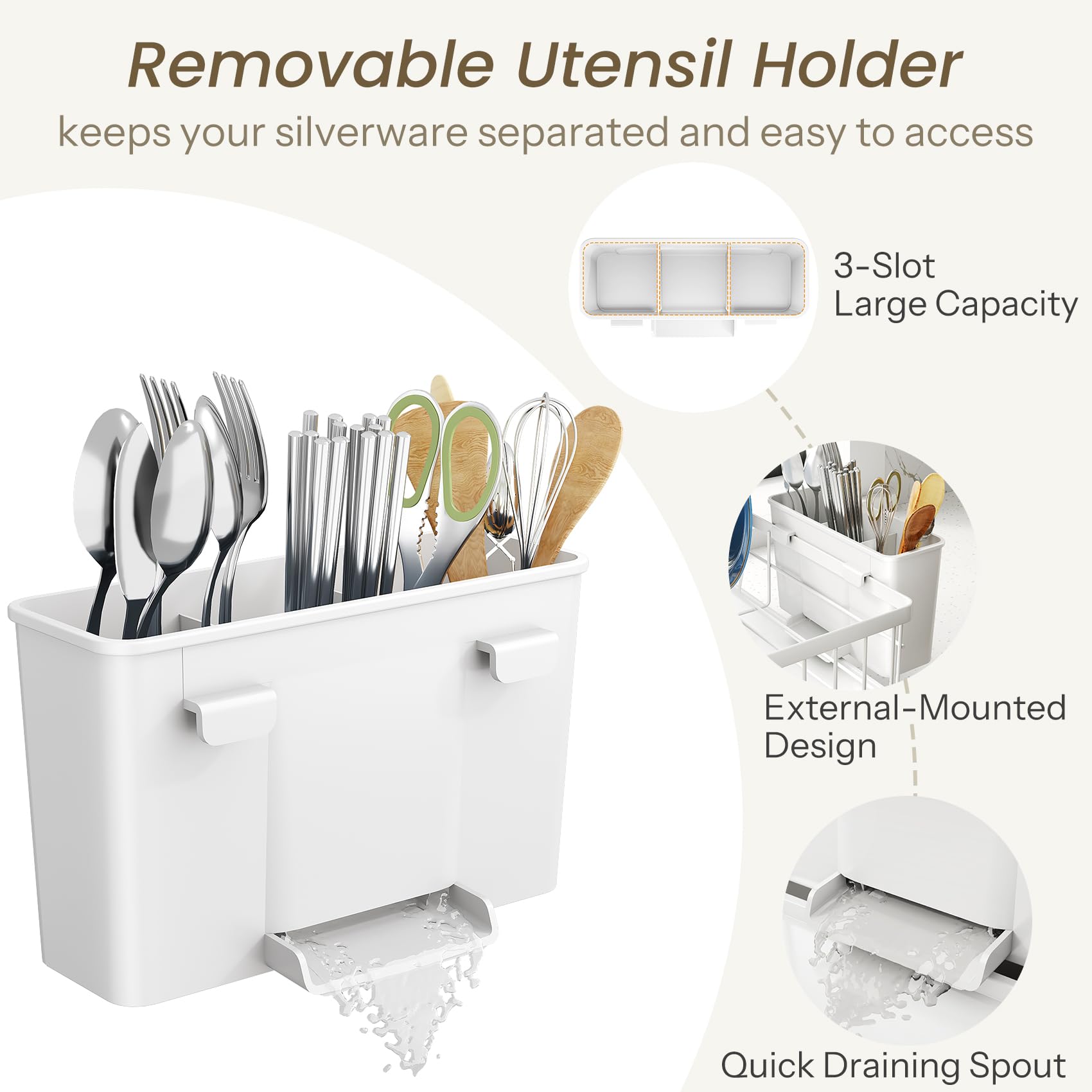 SNTD removable utensil holder with three compartments for organized flatware.