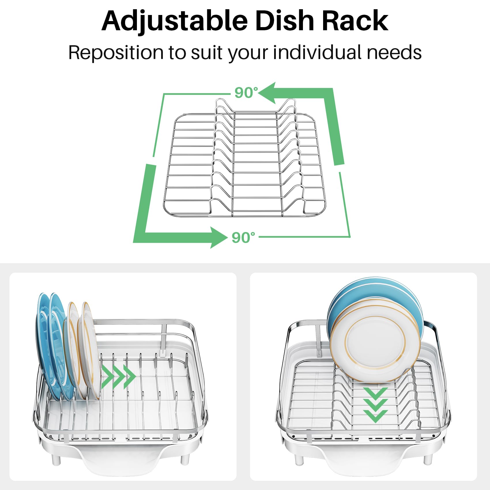 SNTD dish drying rack includes detachable utensil caddy for organized storage.