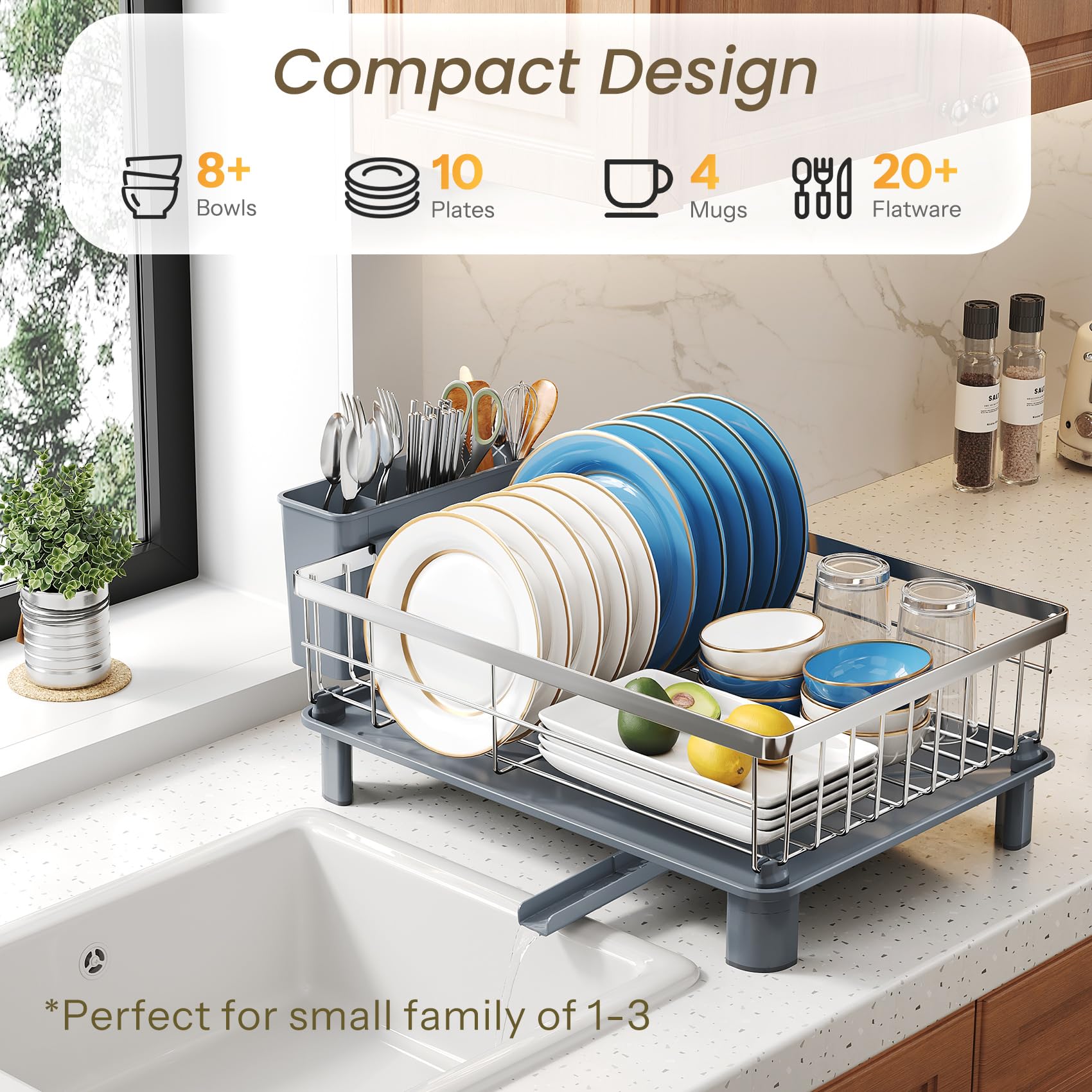 SNTD dish drying rack with utensil holder keeps flatware neatly organized and accessible