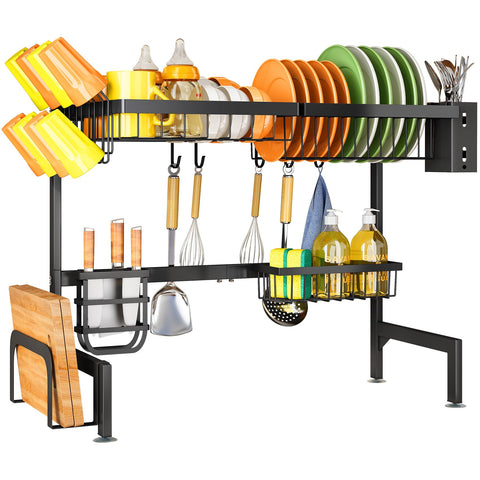 SNTD dish rack with knife and cutting board holders aids safe drying.
