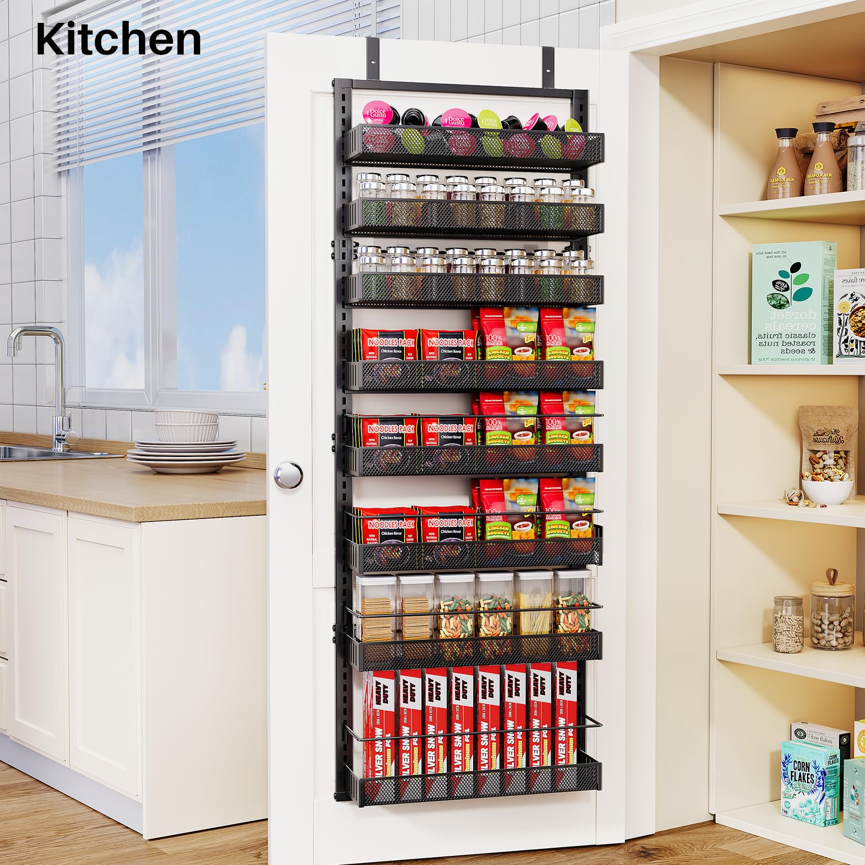 SNTD sturdy frame supports reliable kitchen organization behind doors.