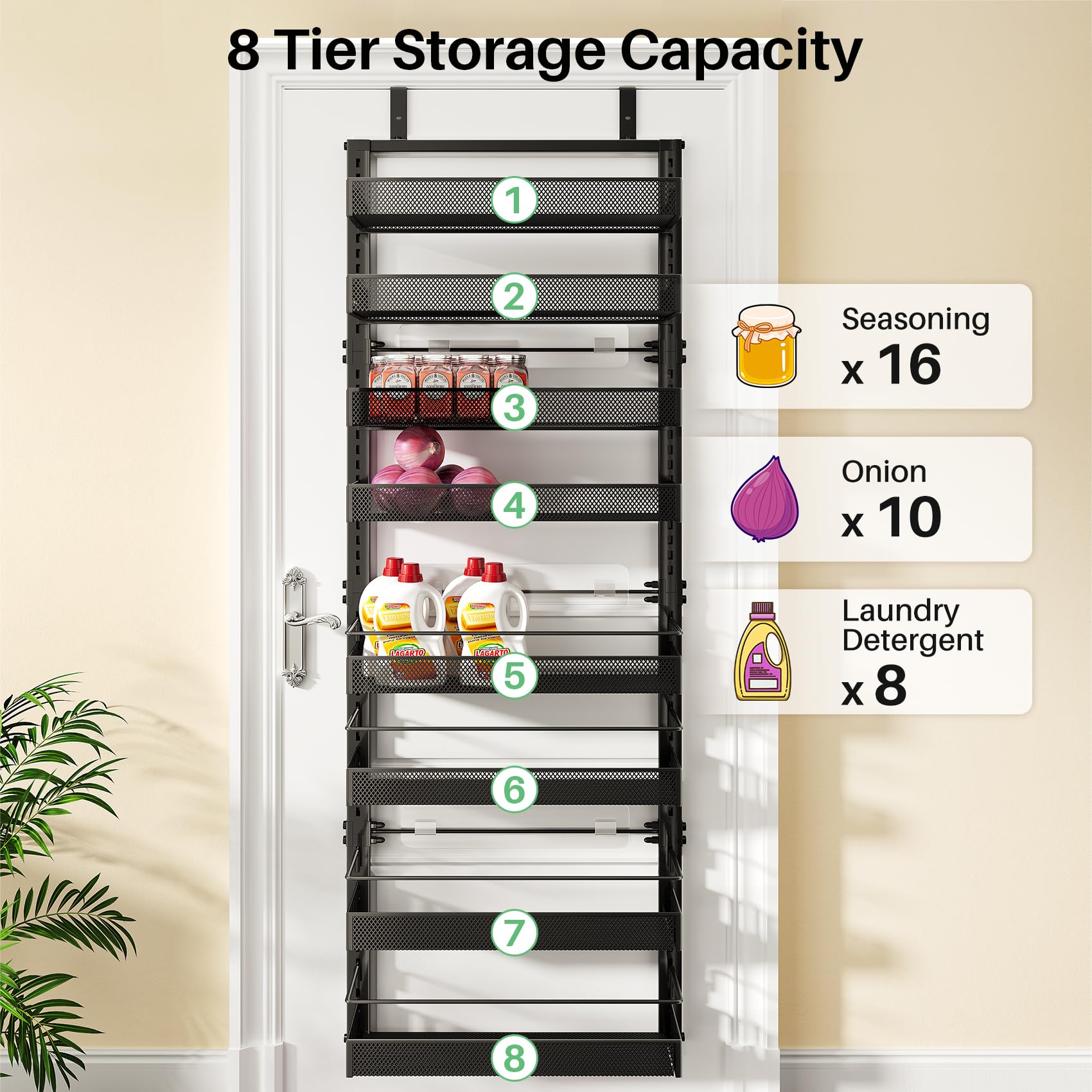 SNTD black kitchen rack maximizes door space for easy access.