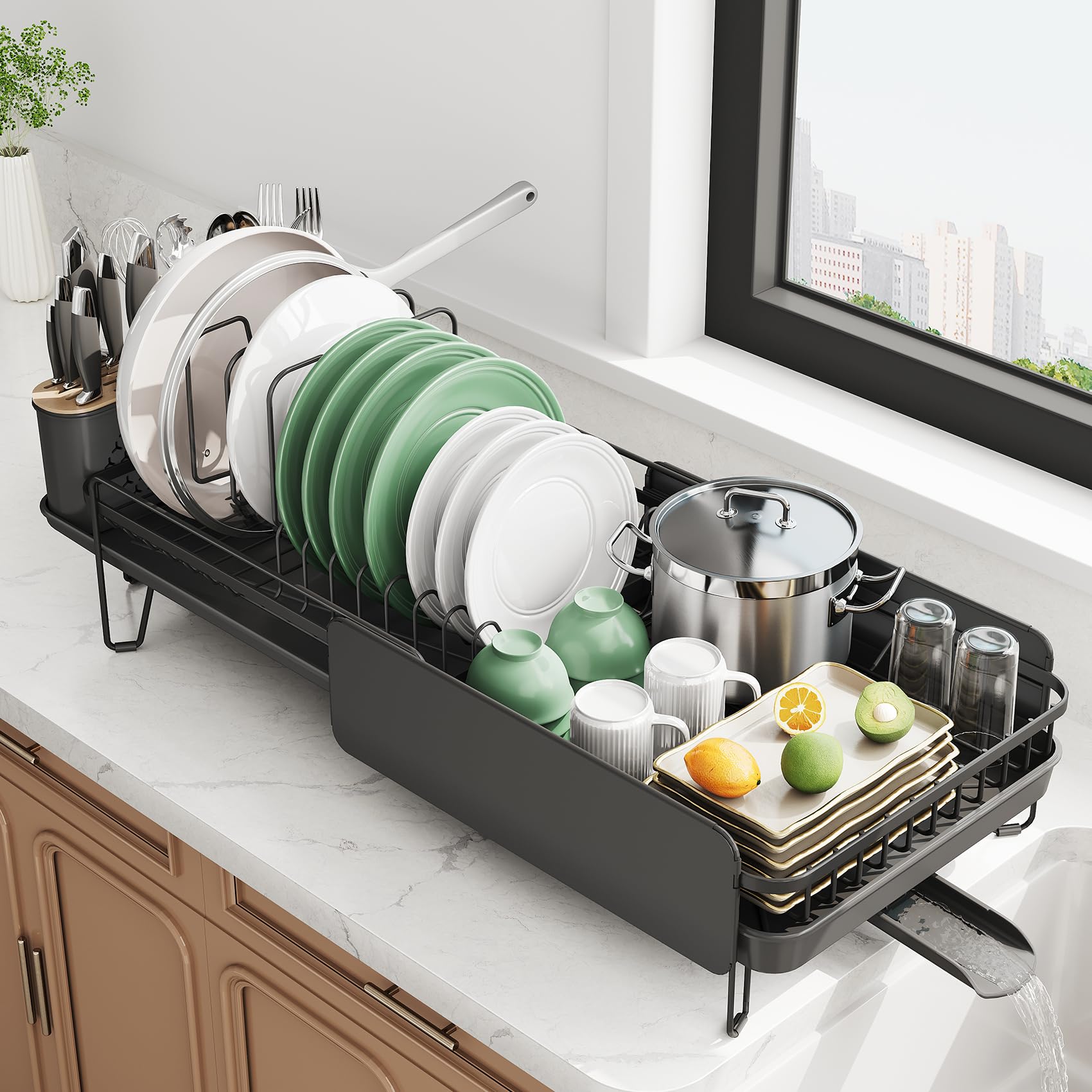 SNTD extendable dish drying rack with extendable length for versatile counter fit