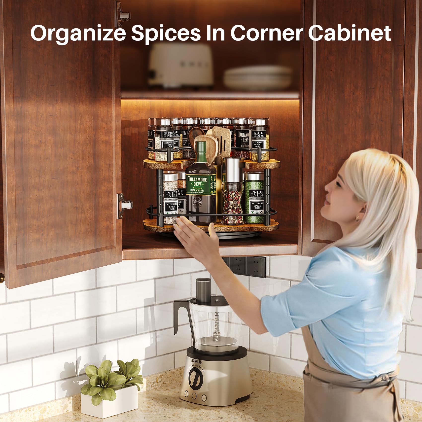SNTD Lazy Susan revolving inside cabinet for easy spice access.