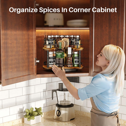 SNTD Lazy Susan revolving inside cabinet for easy spice access.