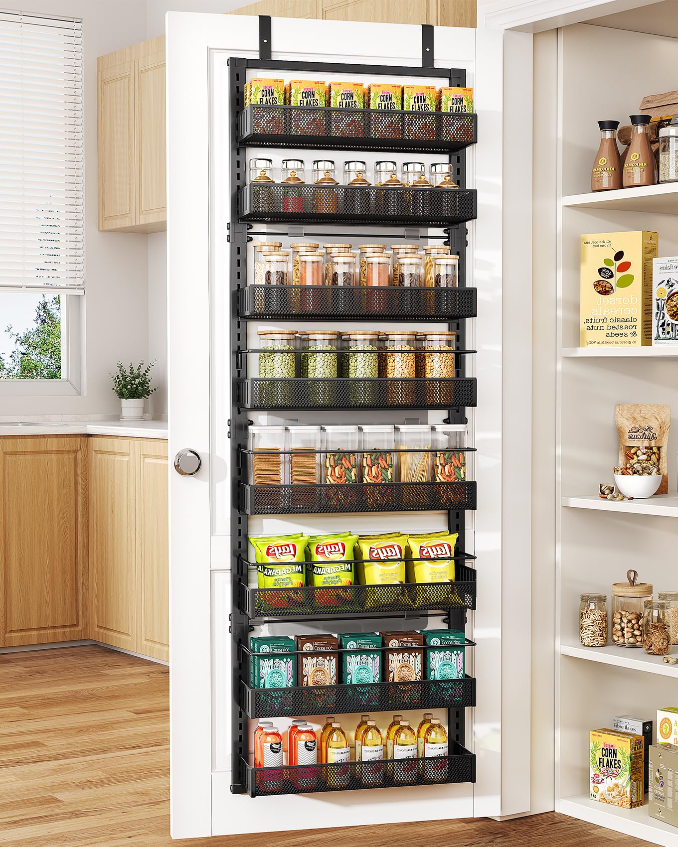 SNTD over-the-door pantry organizer with eight adjustable tiers for organized spices.