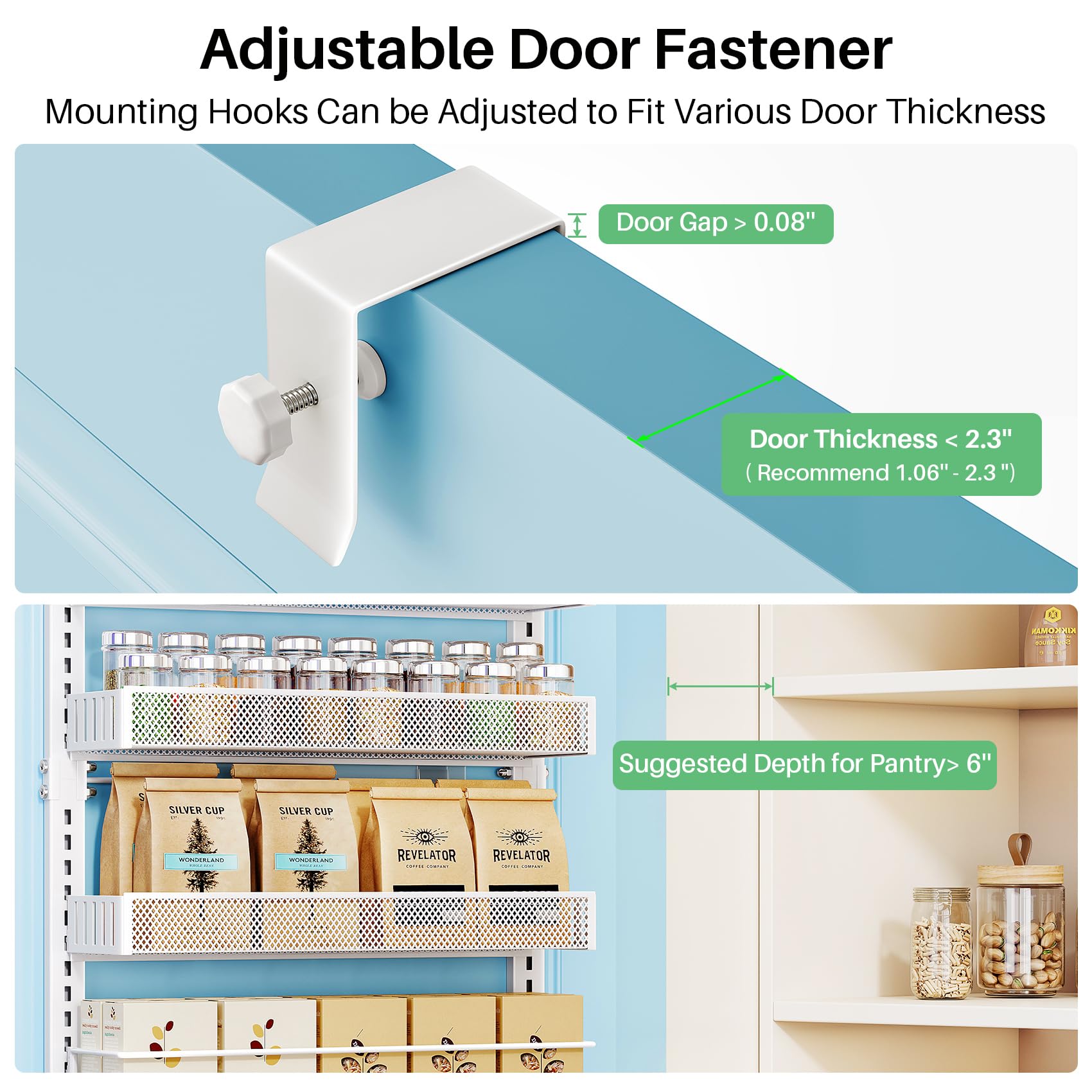 SNTD adjustable baskets for tall and short bottles on the pantry door.