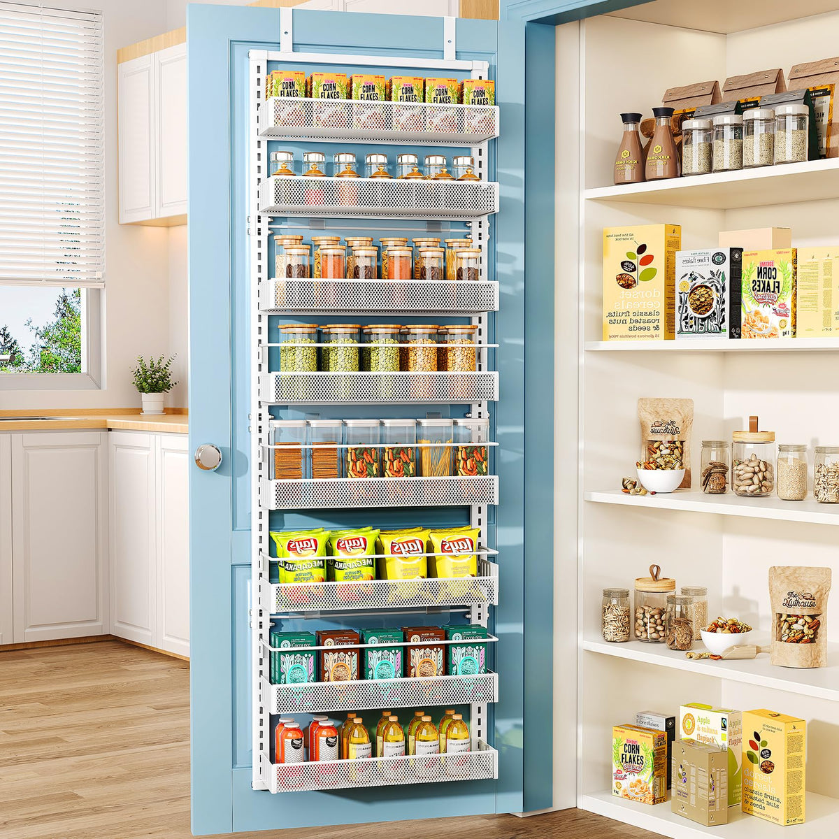SNTD over-the-door pantry organizer with a stable hanger for secure mounting.