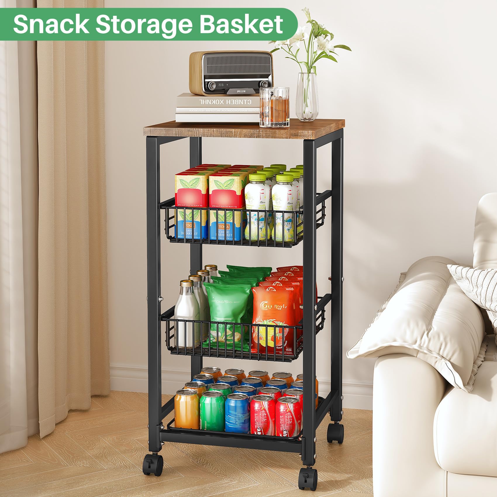 SNTD four-tier design maximizes vertical storage for produce and snacks.