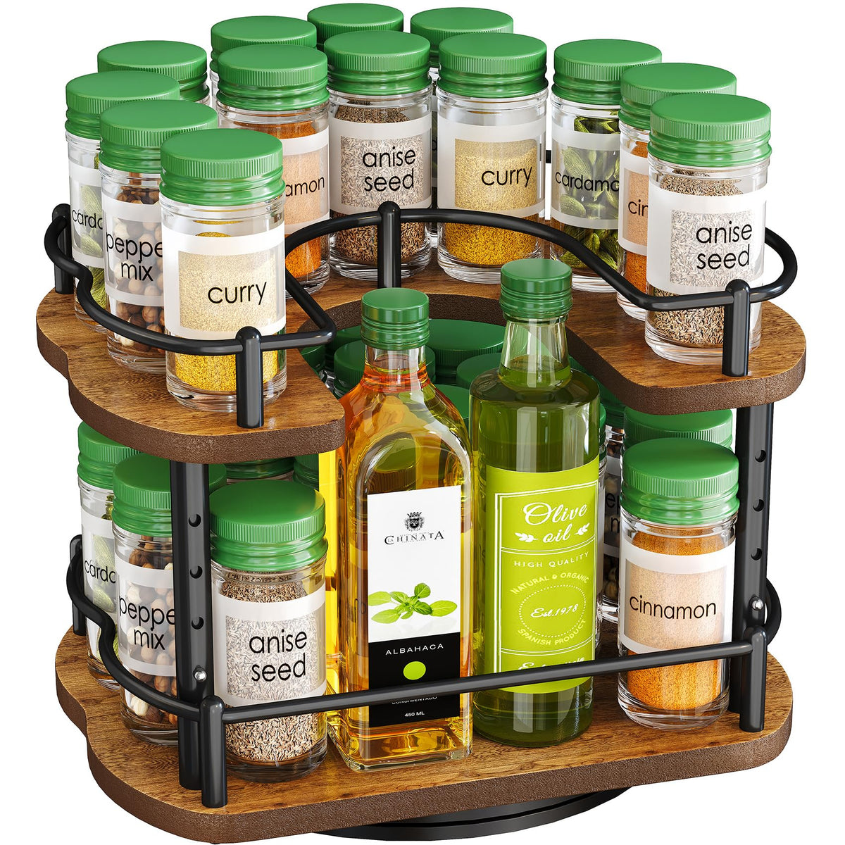 SNTD Spice Rack two-tier rotating system keeps jars organized and accessible.