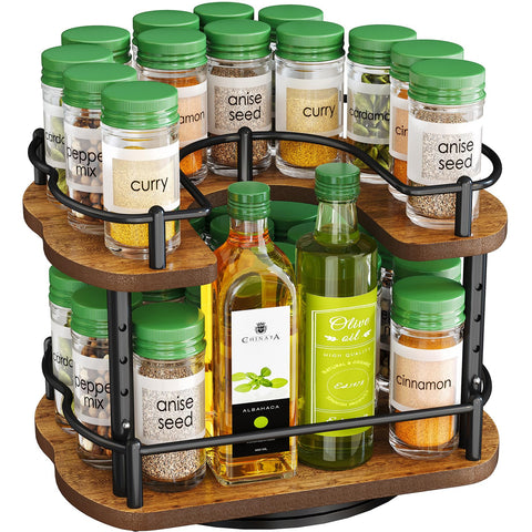 SNTD Spice Rack two-tier rotating system keeps jars organized and accessible.