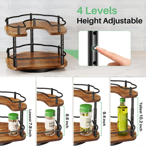 SNTD Spice Rack features solid wood with metal guardrail for secure rotation.