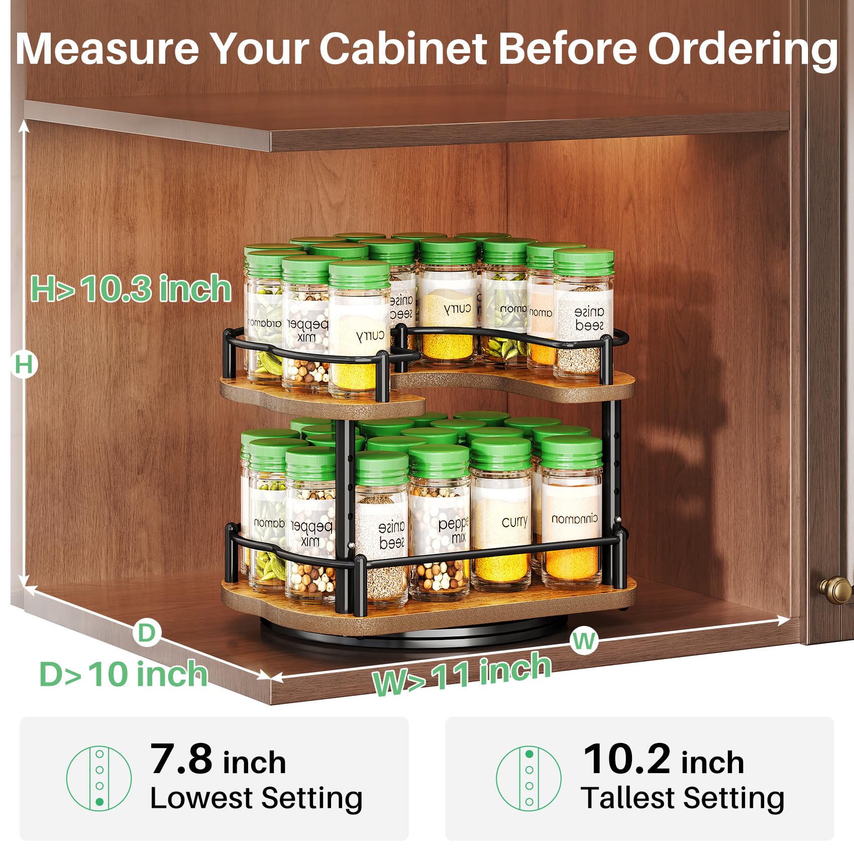 SNTD Spice Rack in a wall cabinet demonstrates rotating shelves for easy reach.