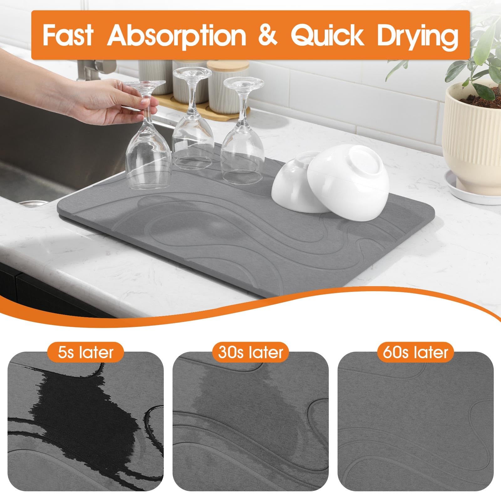 Snuggery dark grey drying mat on counter with anti-slip surface.