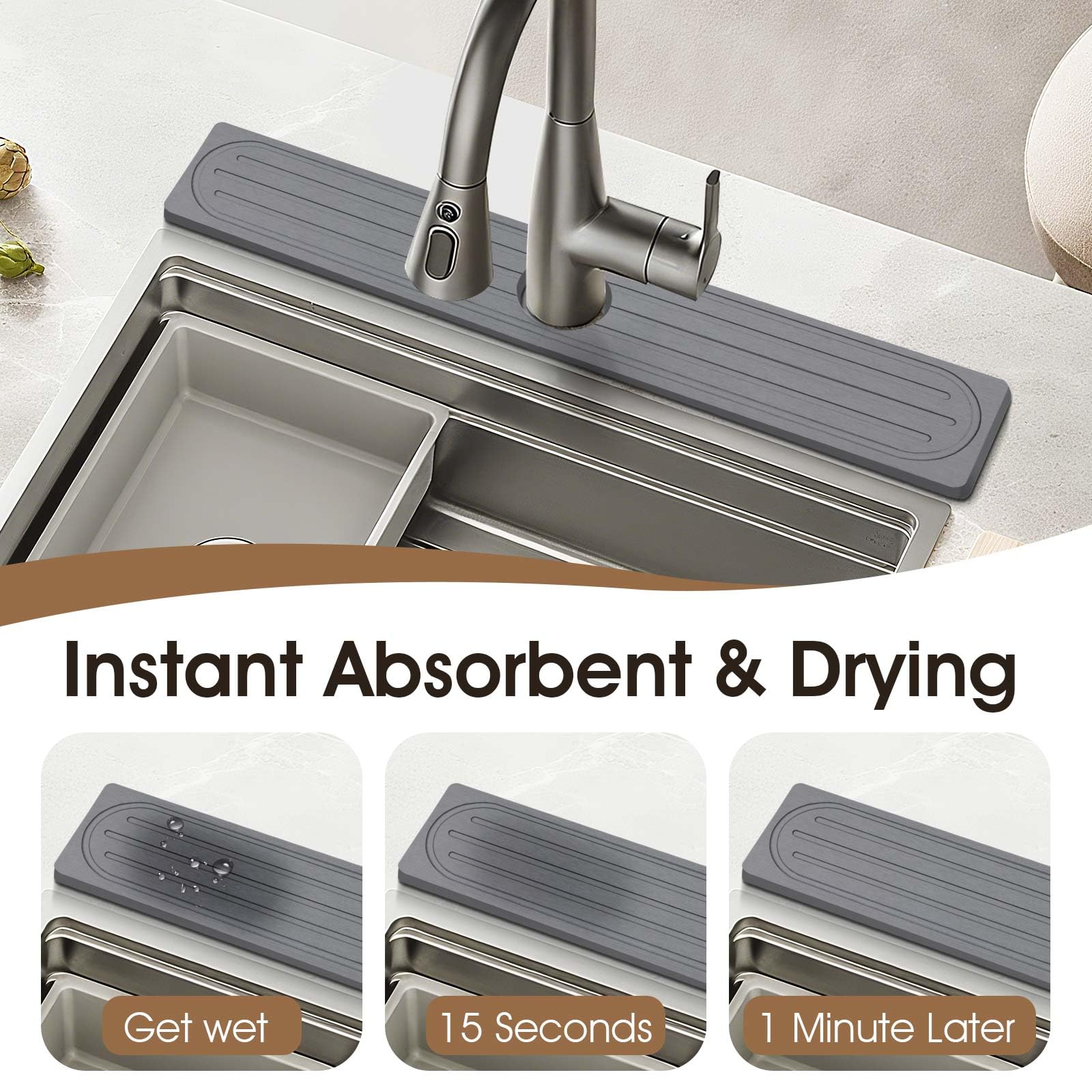 Snuggery Diatomite Faucet Mat absorption closeup shows rapid moisture uptake