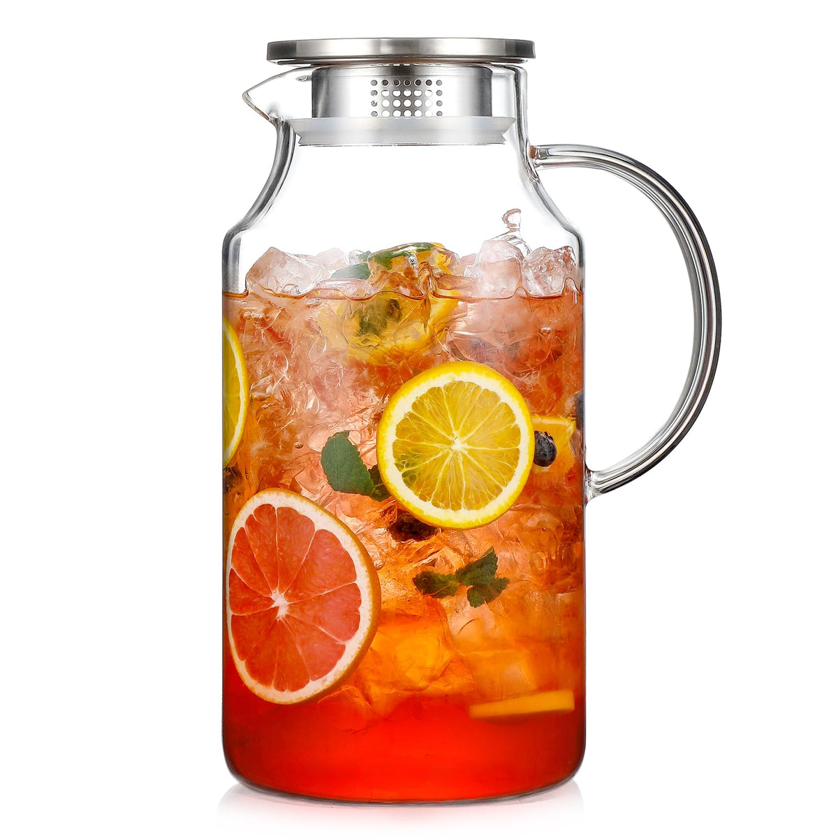 Snuvid 1-gallon glass pitcher with lid and spout on kitchen counter, ideal for large batches