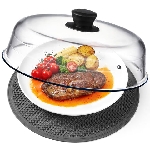 Snuvid 2in1 glass microwave splatter cover placed over a plate for a clean, steaming reheat.