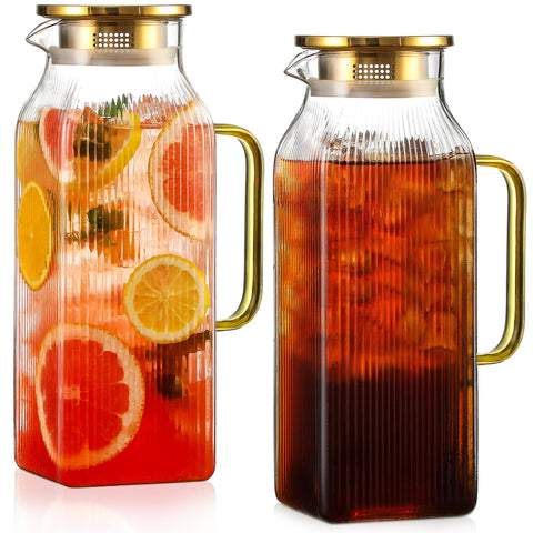 Snuvid 2L square glass pitcher with gold lid and stripes for entertaining