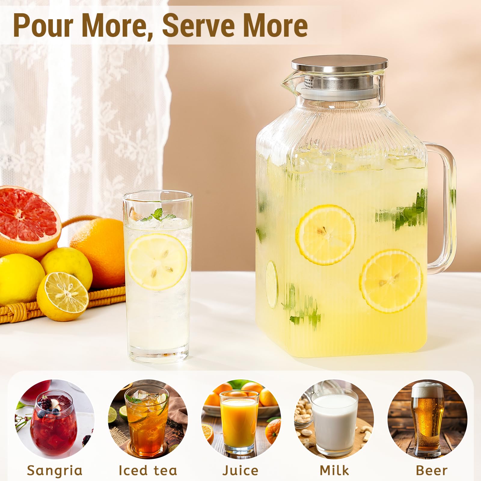 Snuvid 1-gallon borosilicate glass pitcher shows clarity and temperature resilience for hot or cold drinks.