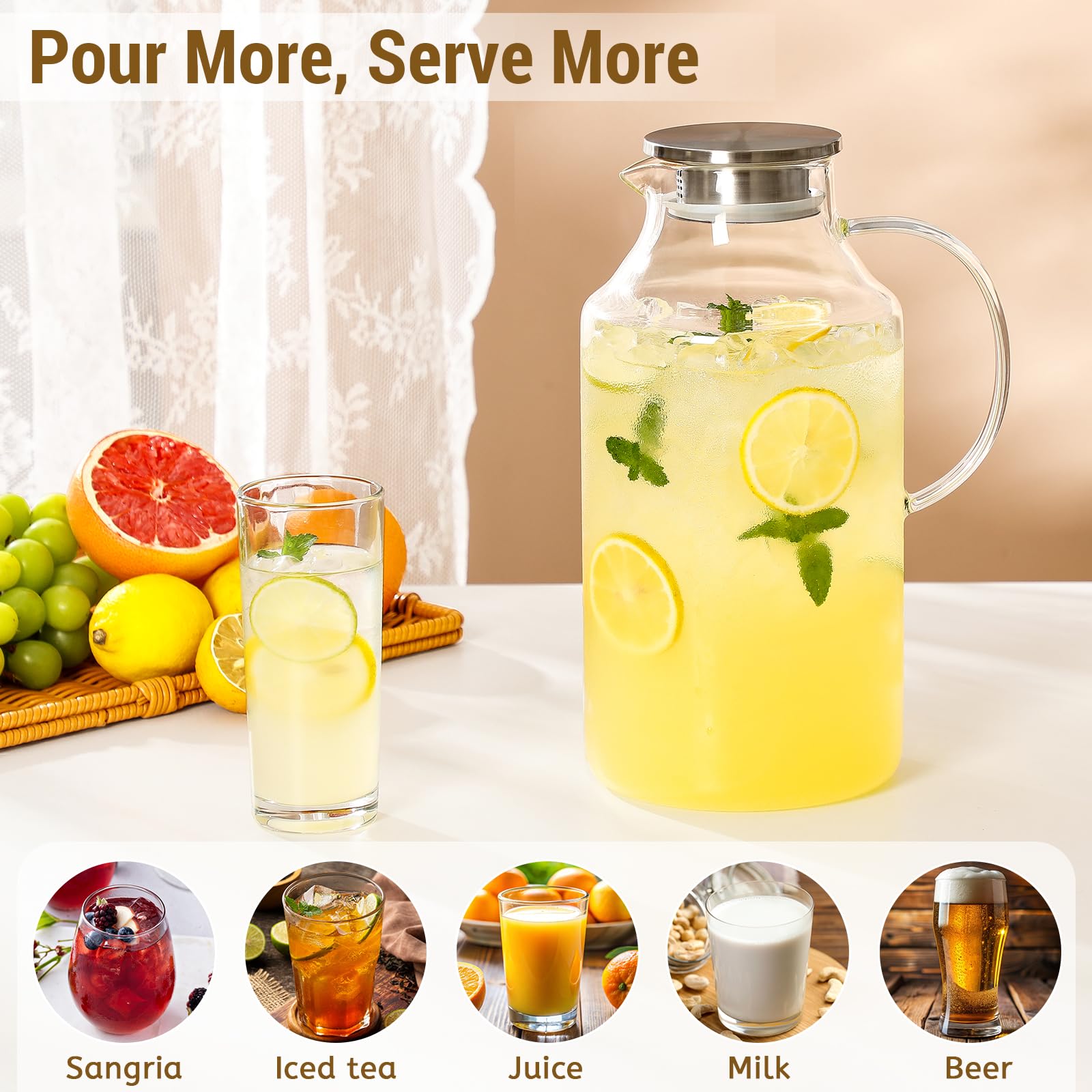 Snuvid pitcher dual-lid design with fine-mesh filter for tea or pulp