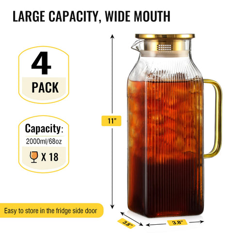 Snuvid square glass pitcher with stripes and a handle, great for fridge storage