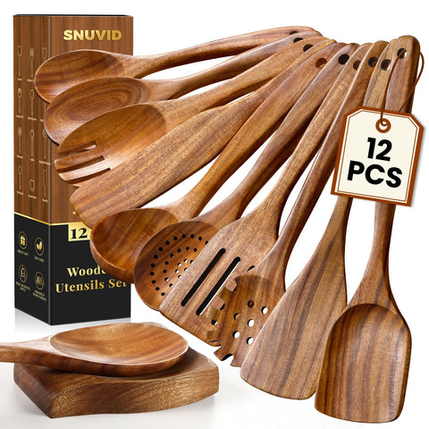 Snuvid teak wood turner spoon over simmering pan for smooth nonstick cooking