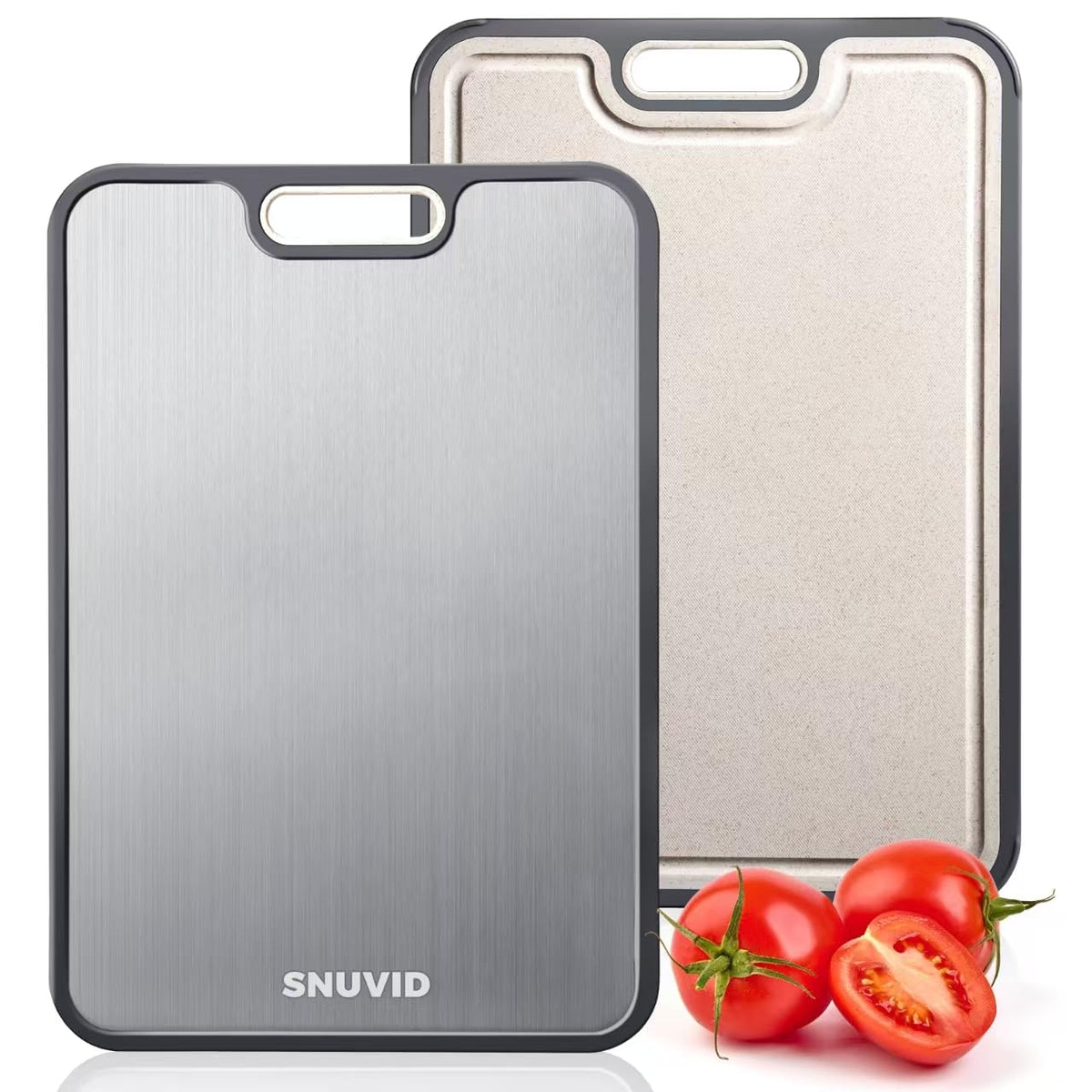 Snuvid Titanium Cutting Board showing dual surface for meats and produce.