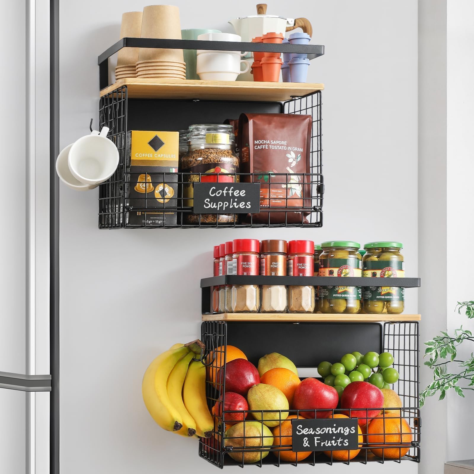 Snuvid Wider Shelf basket on fridge door organizing spices and bottles.