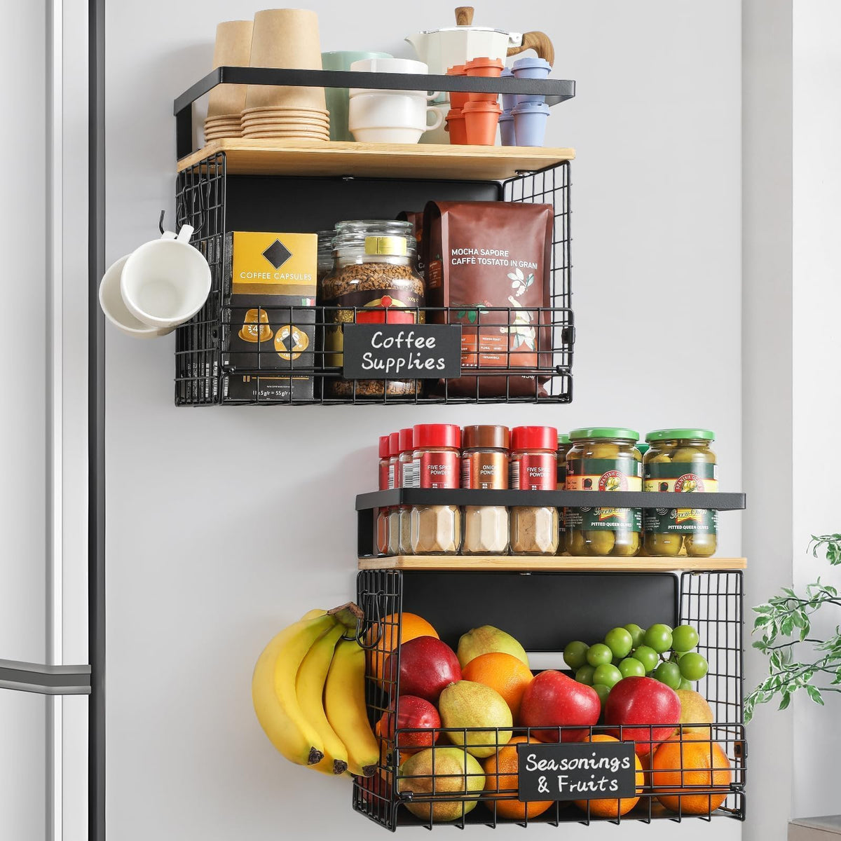Snuvid Wider Shelf basket on fridge door organizing spices and bottles.