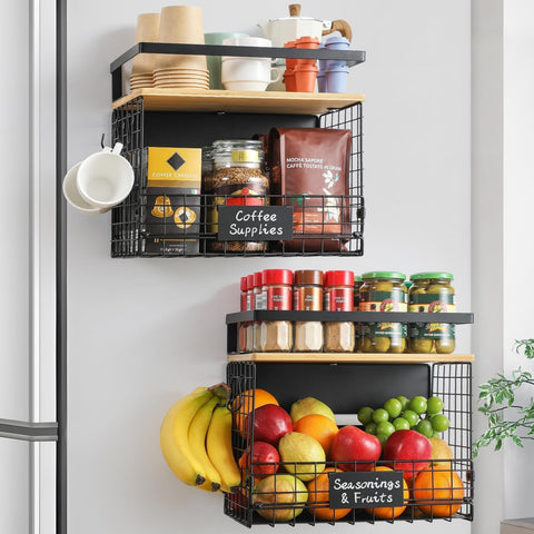 Snuvid Wider Shelf basket on fridge door organizing spices and bottles.