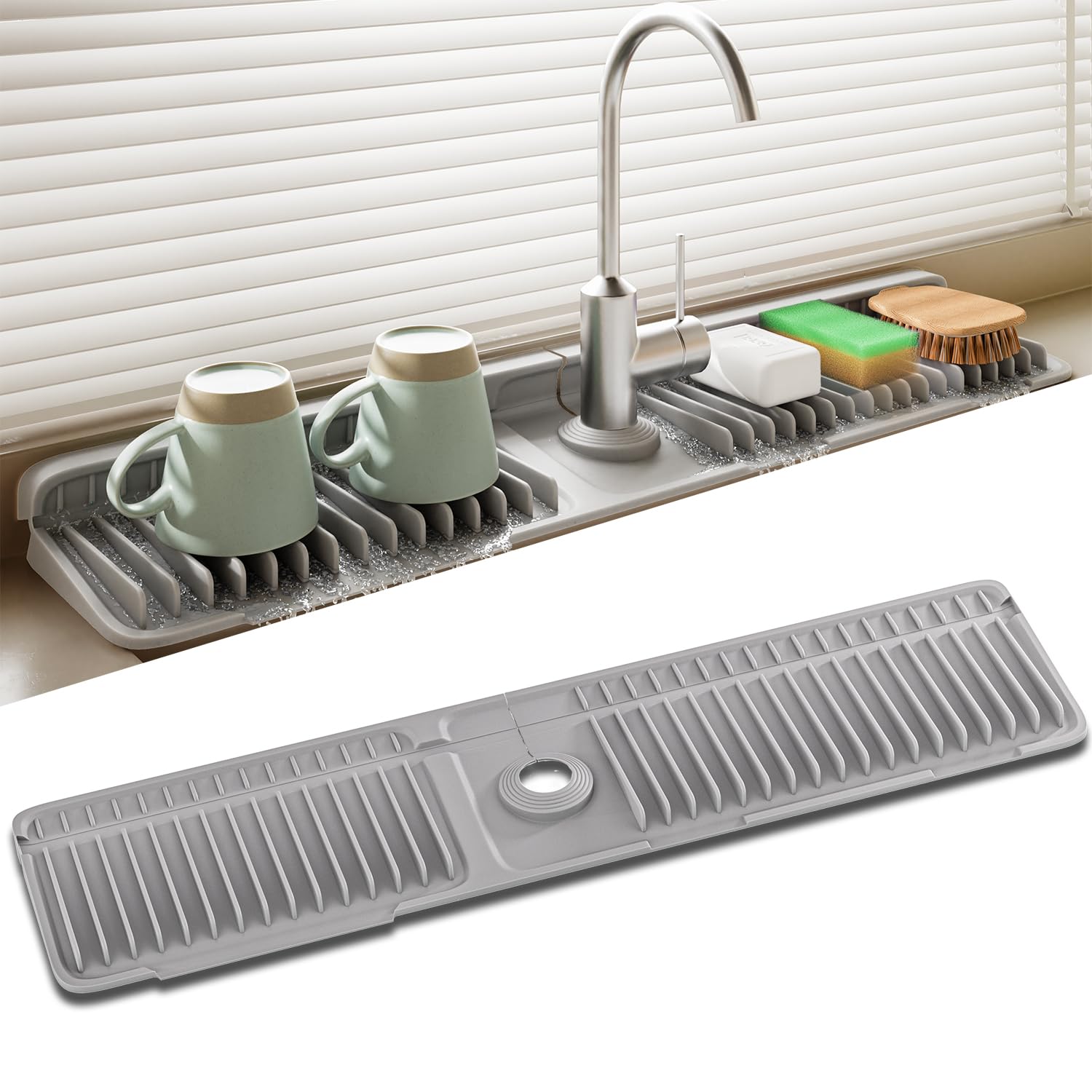 SOCORIA faucet mat close-up showing 7-degree slope for rapid self-draining