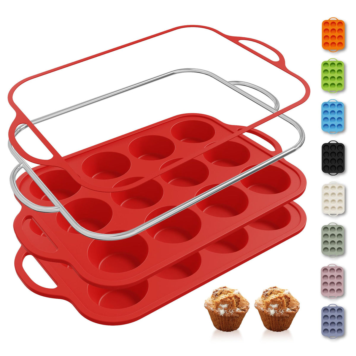 Socisen 12-cup silicone muffin pan with reinforced frame for even bakes