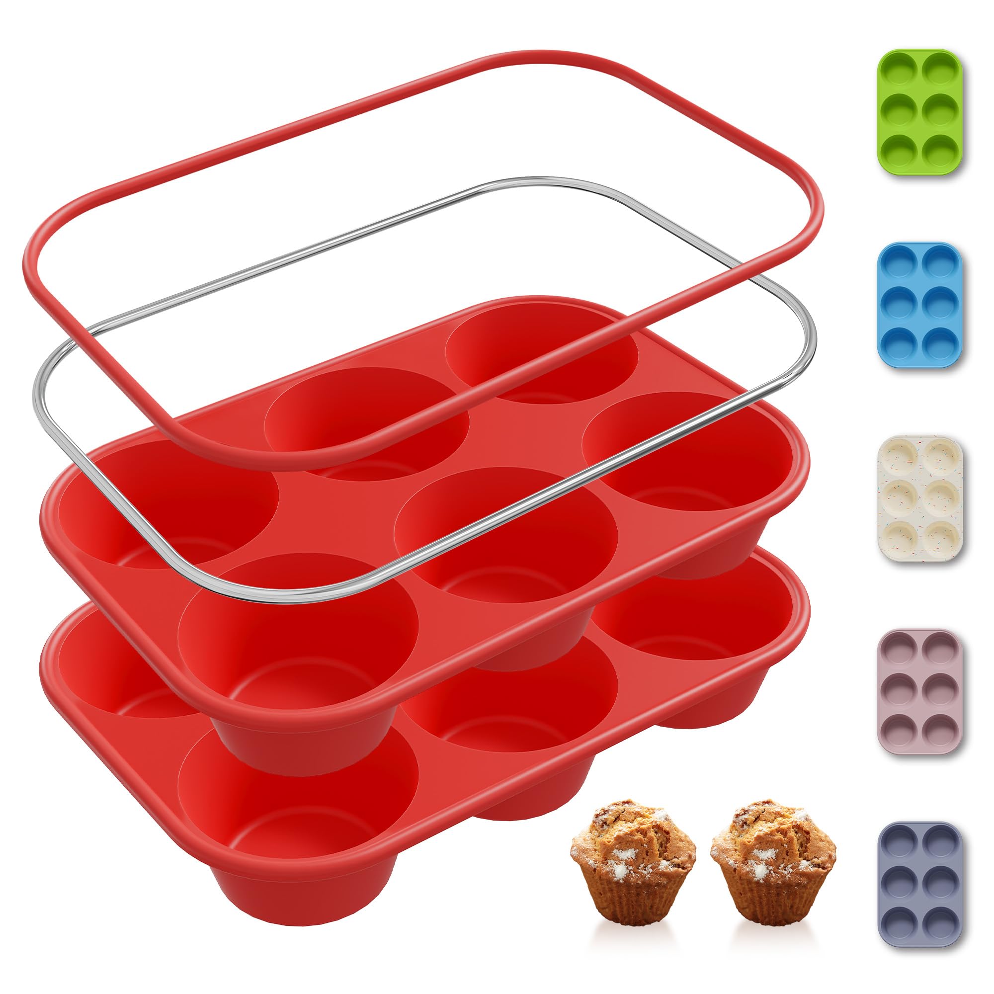 Socisen 2-pack six-cup silicone mini muffin pan with metal reinforced frame ensures sturdy baking.