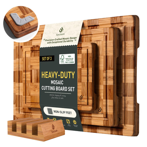 Socisen 3-pack heavy-duty bamboo cutting boards provide sturdy stability for daily chopping.
