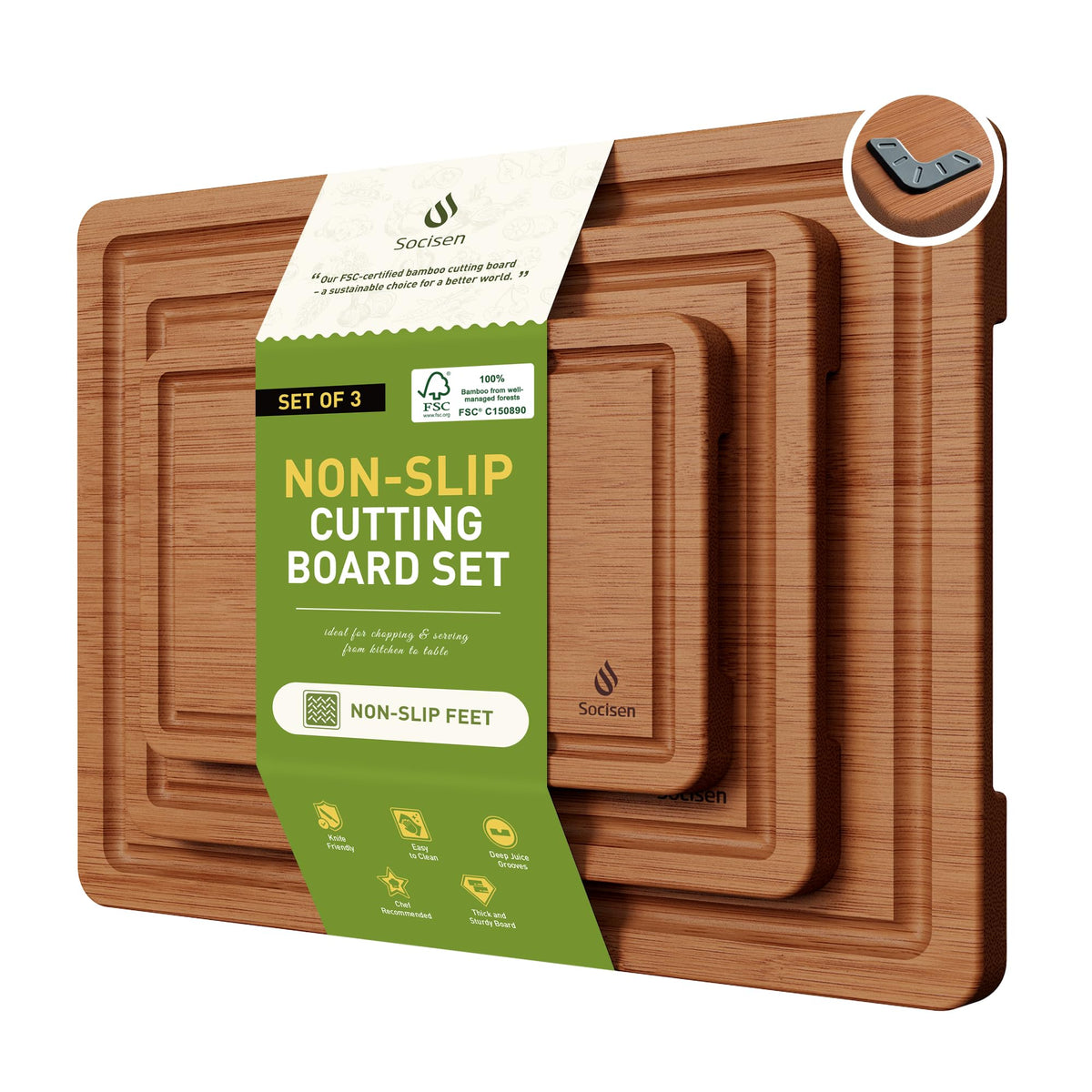 Socisen 3-pack bamboo cutting board set with non-slip feet for stable prep.