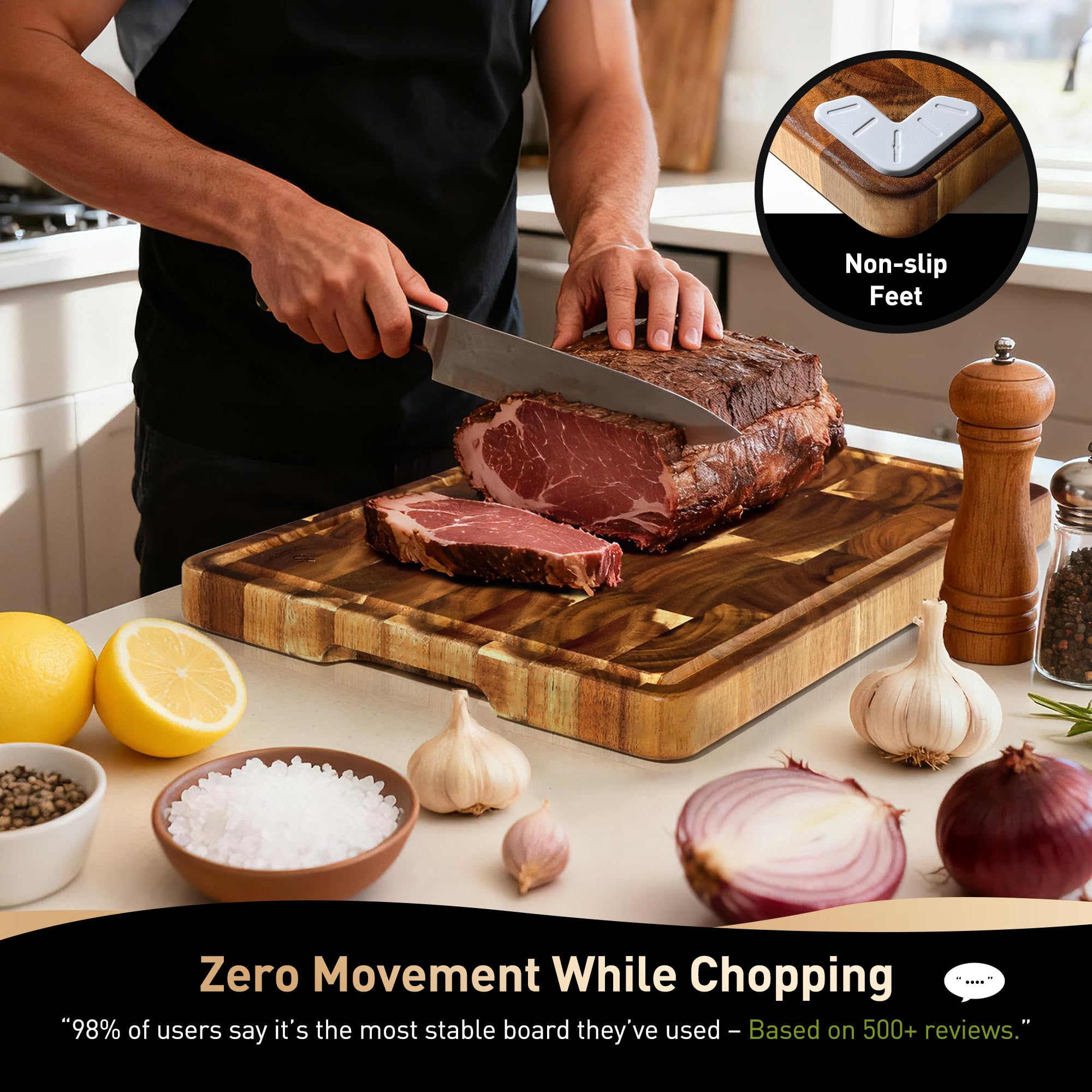 Socisen acacia cutting board with juice groove close-up for liquids