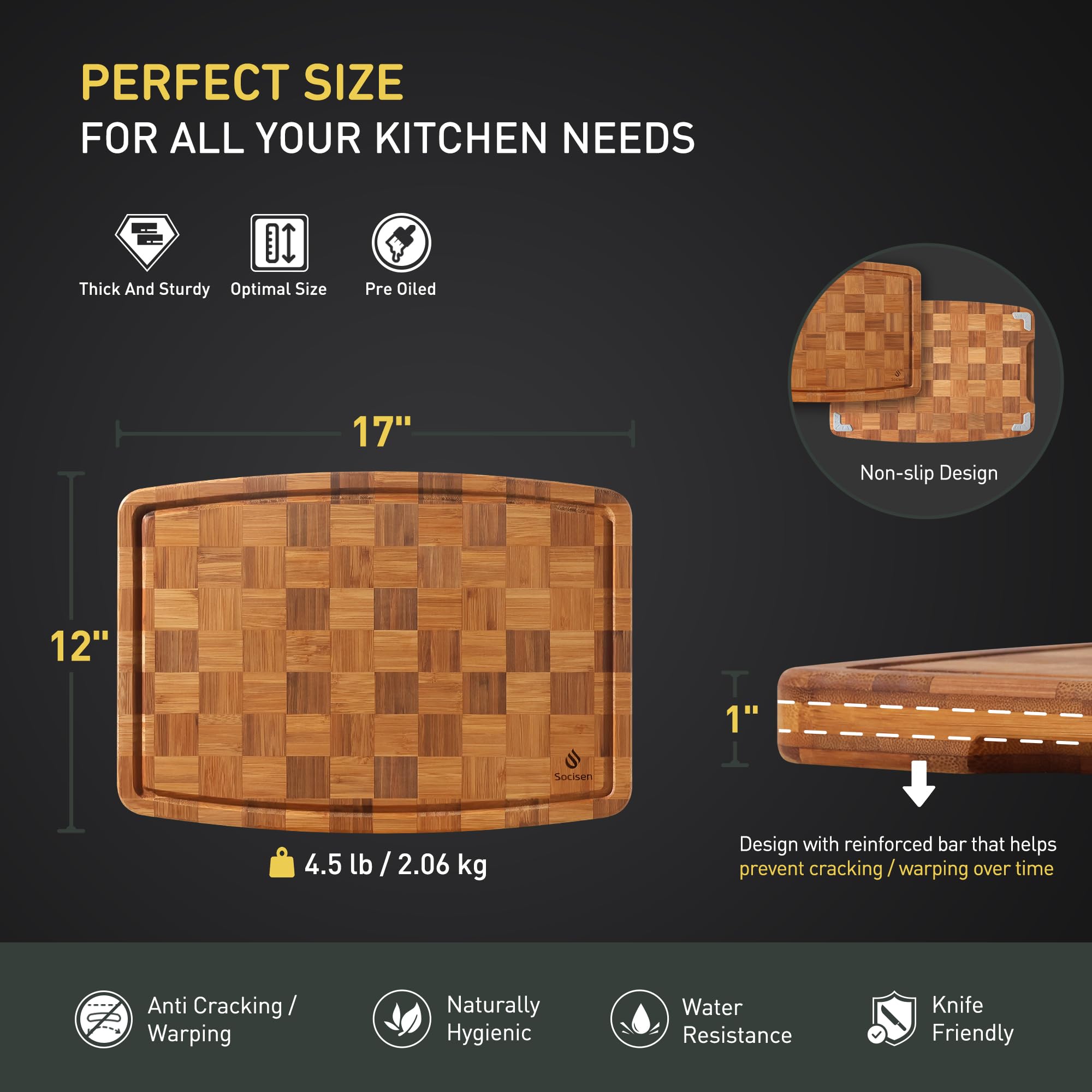 Socisen bamboo cutting board features a 5-layer construction for durability.