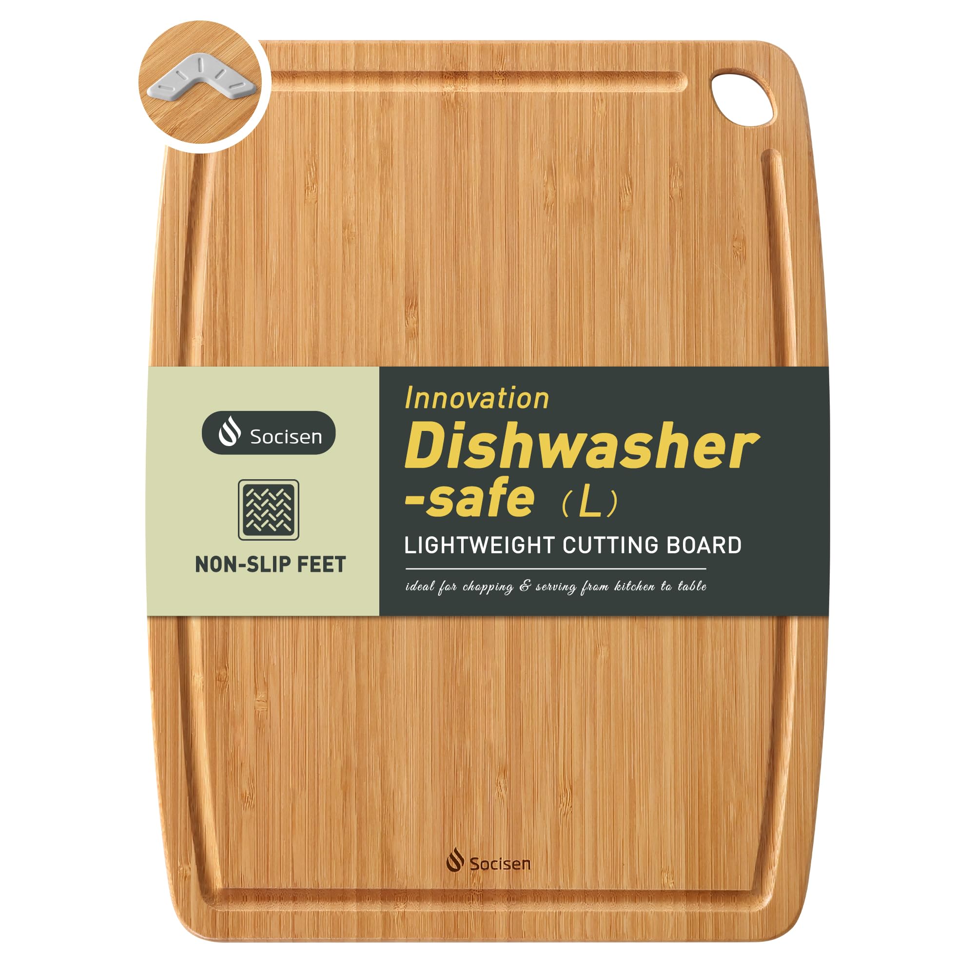 Socisen bamboo cutting board surface with smooth grain for precise chopping.