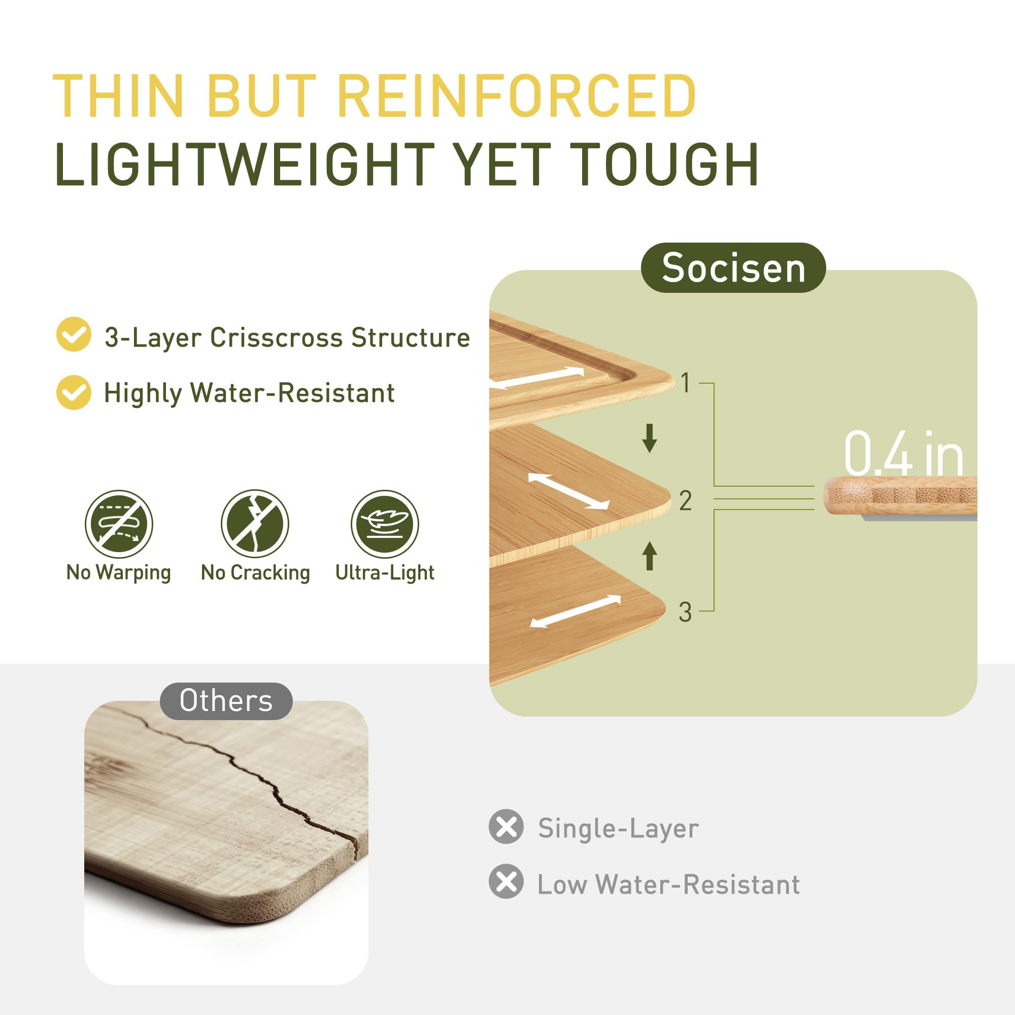 Socisen bamboo board with juice groove catching liquids.