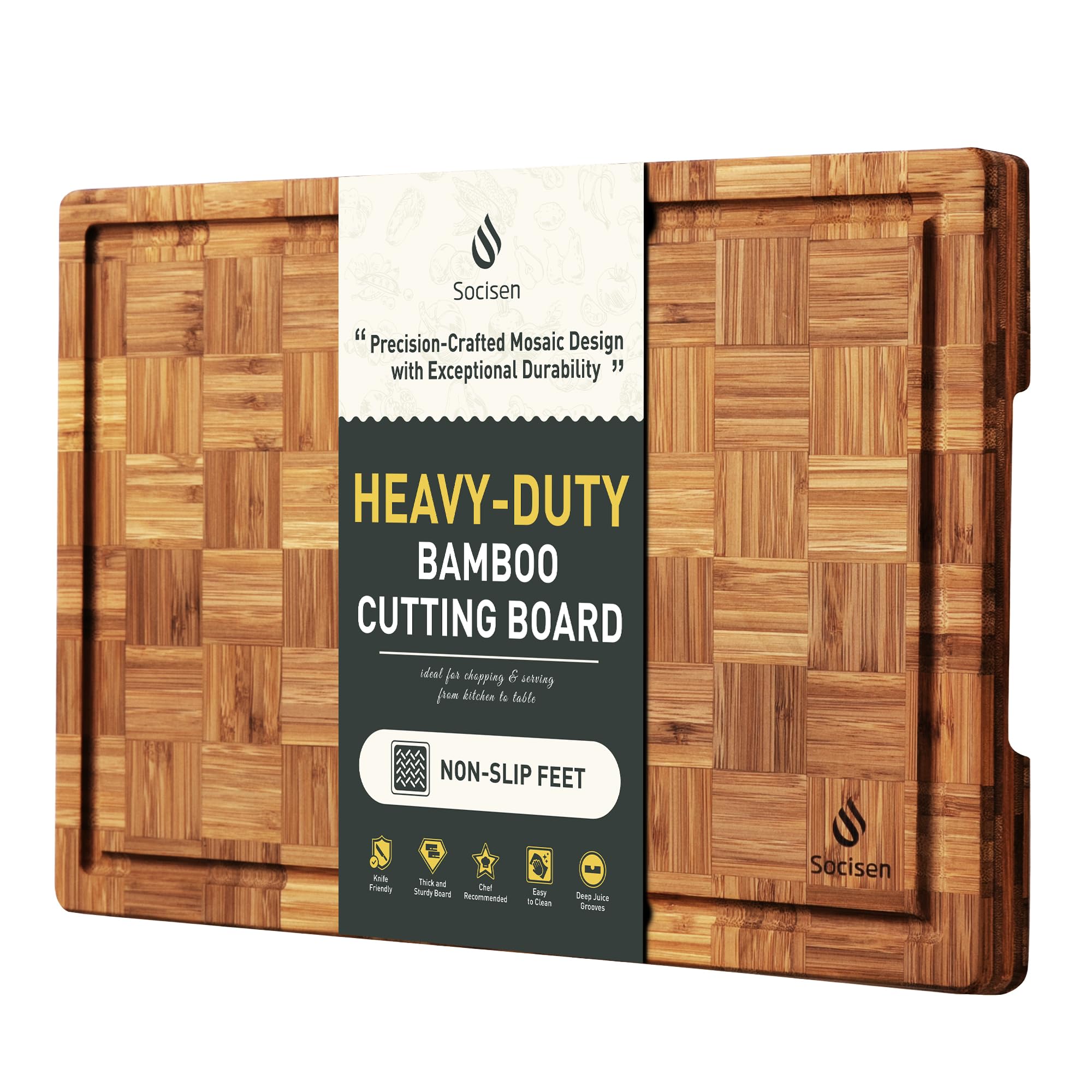 Socisen bamboo cutting board with non-slip feet for stable prep