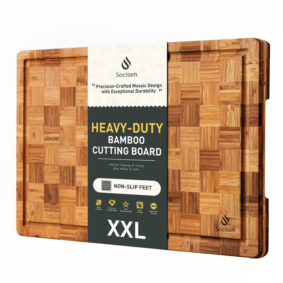 Socisen Extra Large Bamboo Cutting Board with non-slip feet provides stable prep.