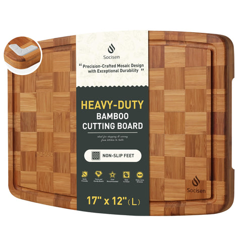 Socisen bamboo cutting board with non-slip feet for stable prep on counters.