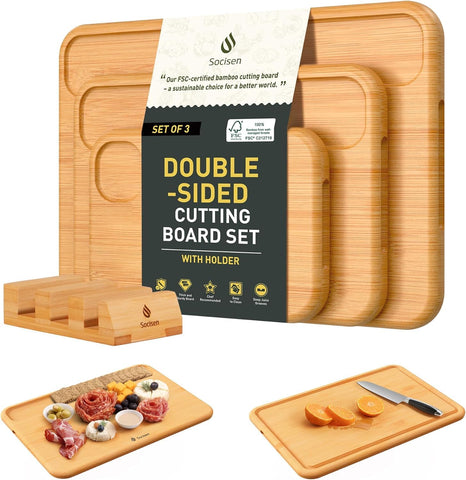 Socisen bamboo cutting board set with holder in 15x10in size for organized prep