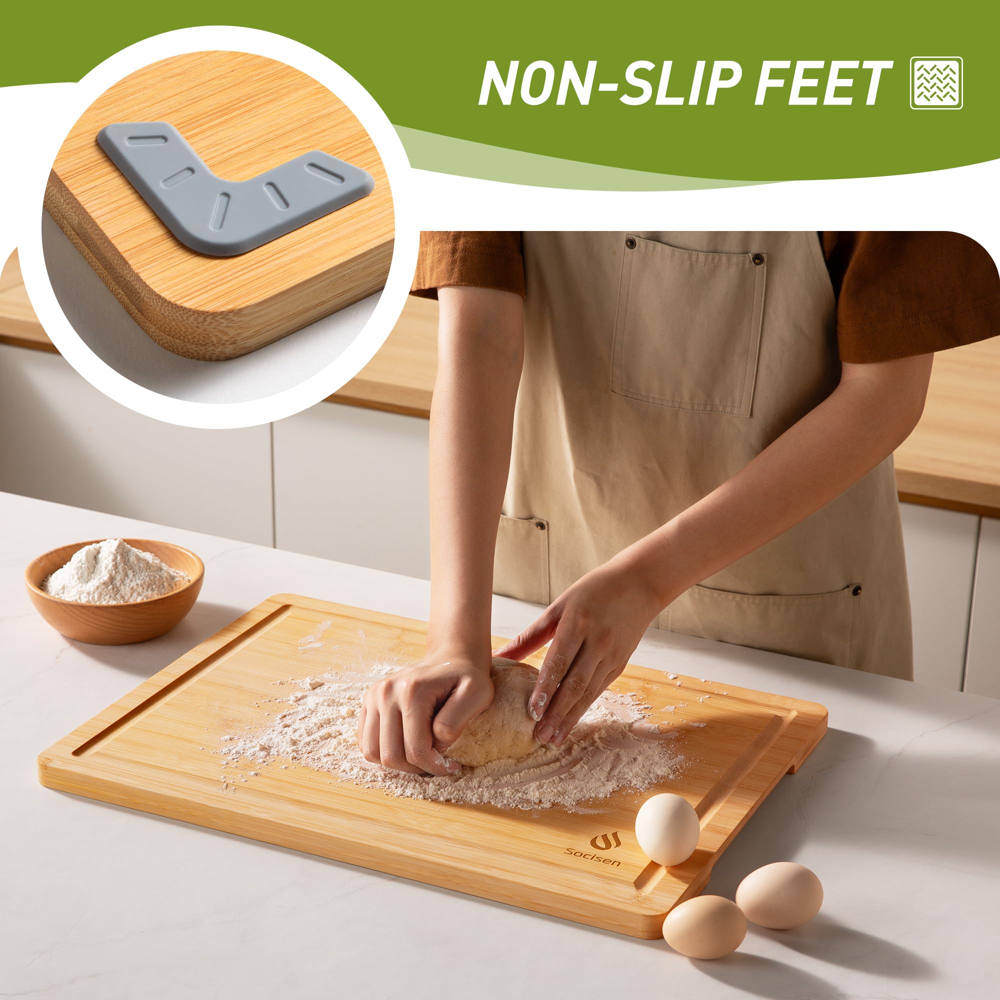 Socisen boards with non-slip feet ensure stable, safe chopping.