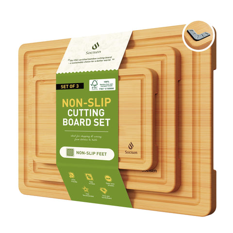 Socisen bamboo cutting board set over sink for space-saving prep.