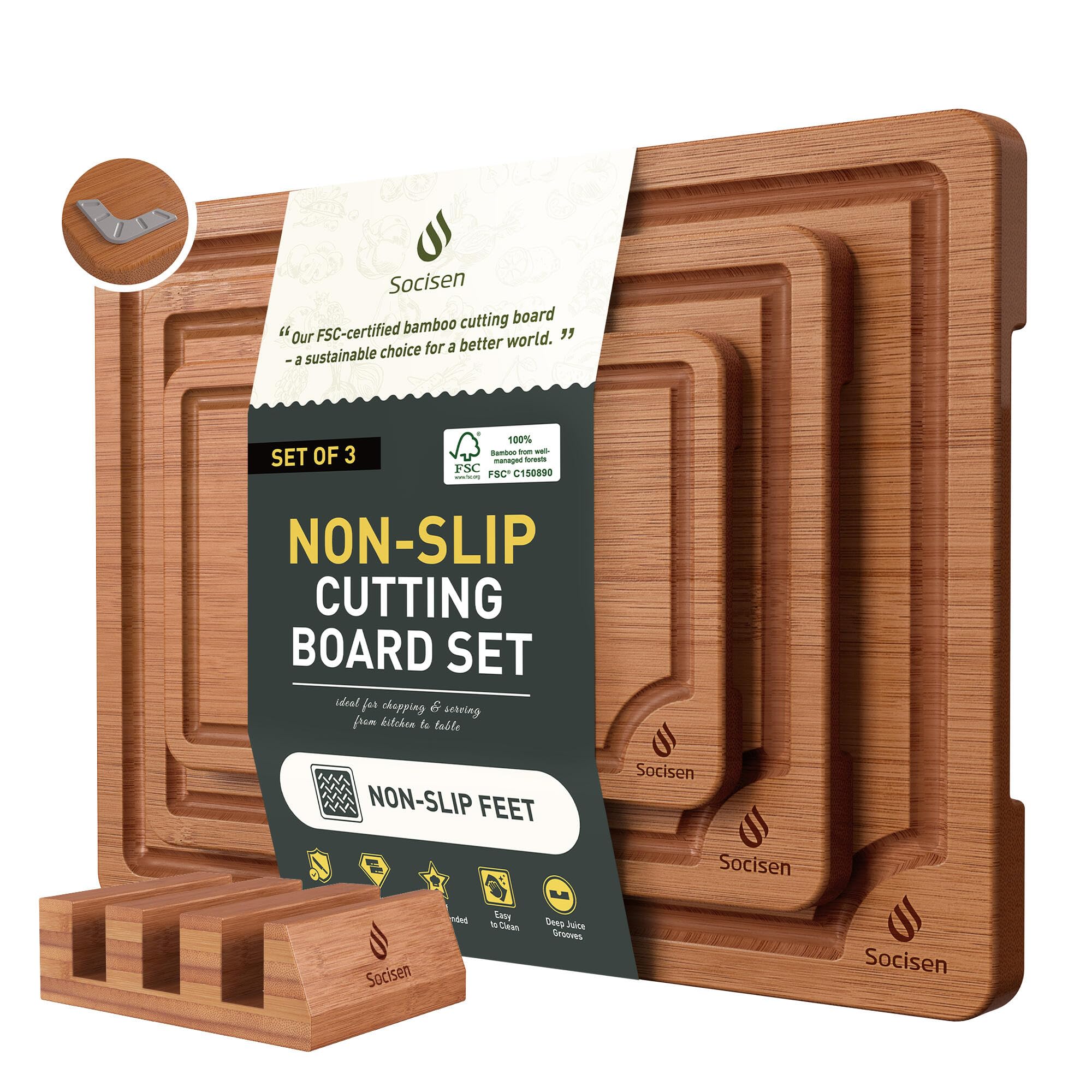 Socisen bamboo cutting board set with three sizes and a holder for organized prep