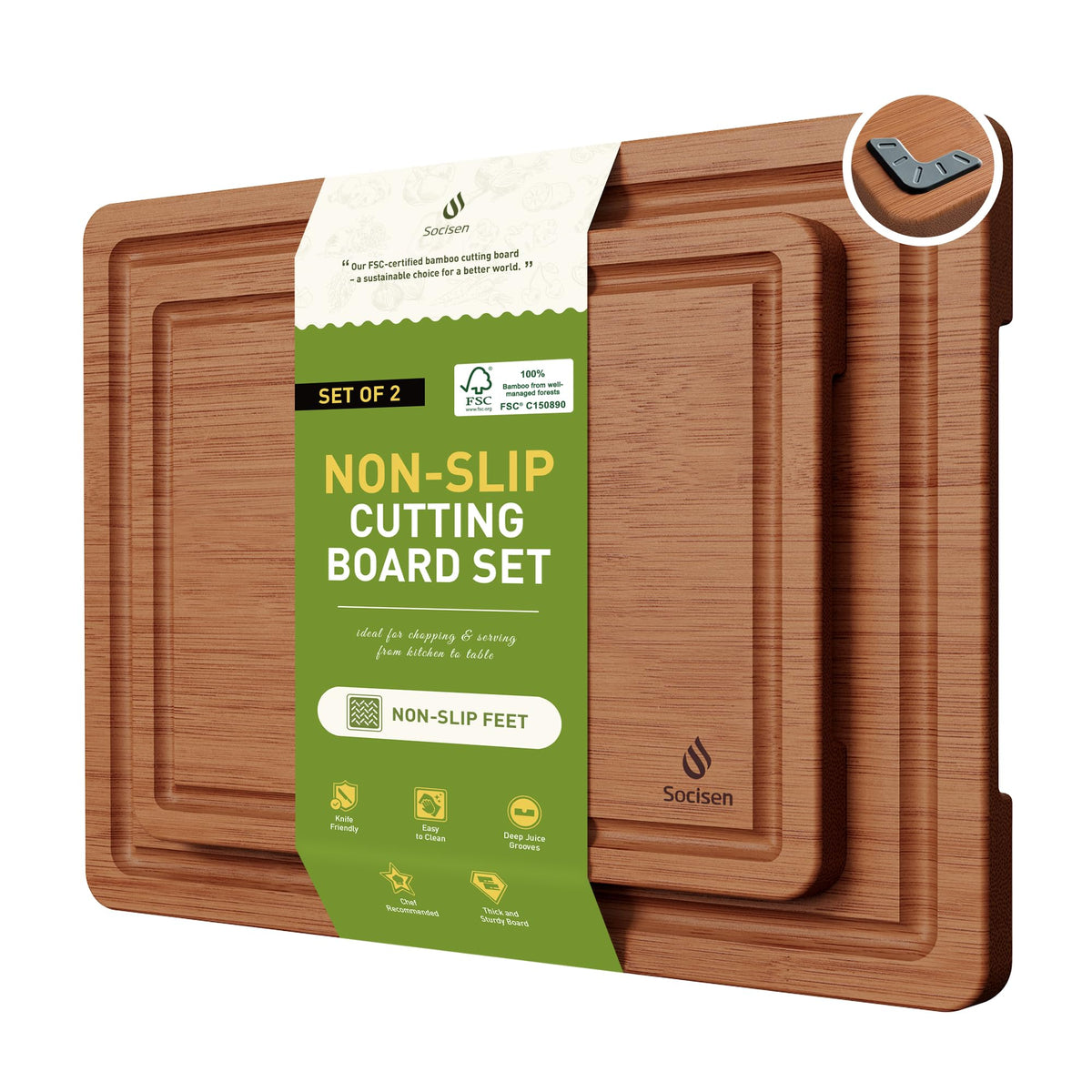 Socisen bamboo cutting board set with two sizes for versatile kitchen prep.