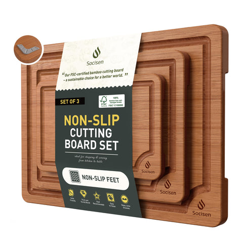 Socisen bamboo cutting board small 9x6 with stable non-slip feet.