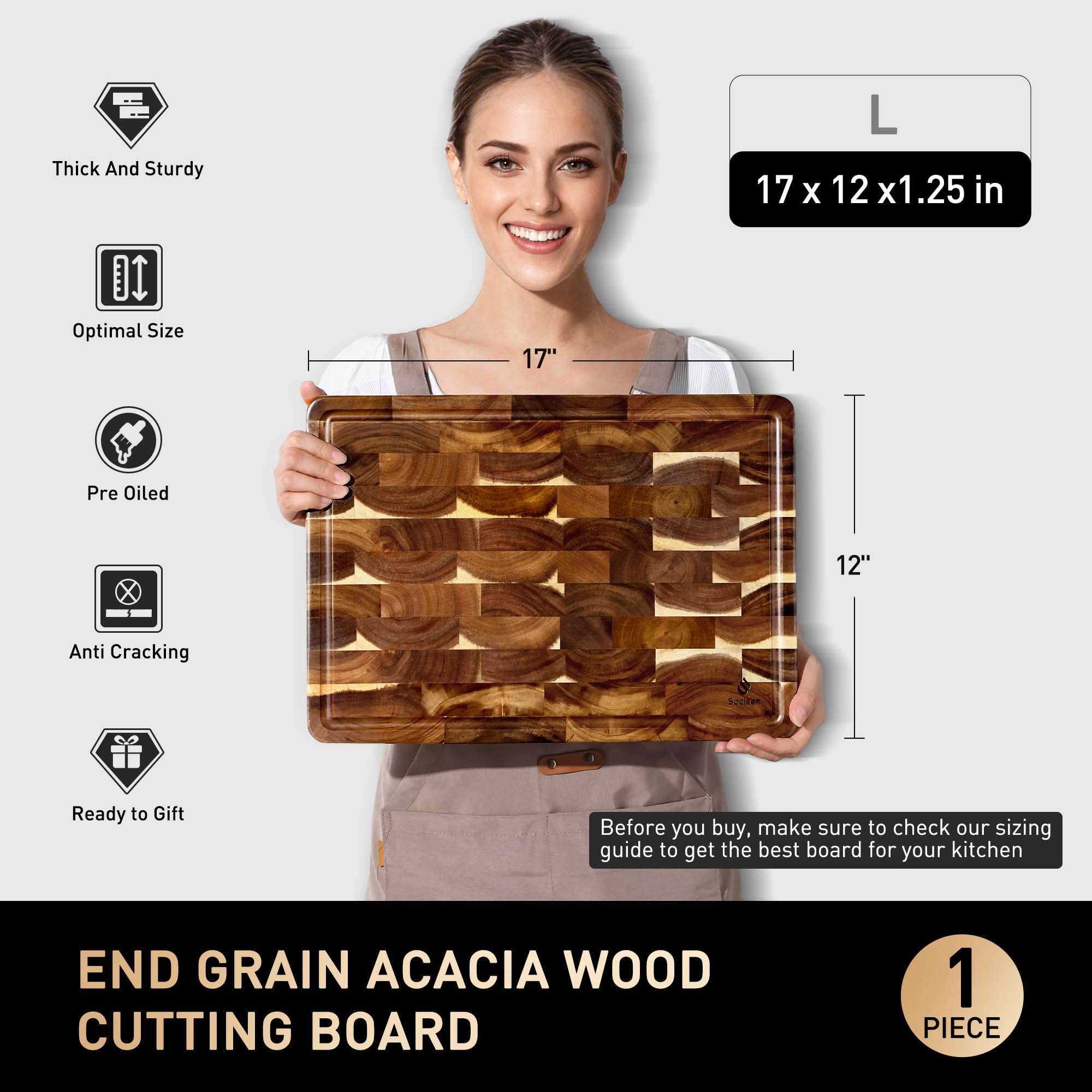 Socisen checkerboard end-grain board with side handle for transport